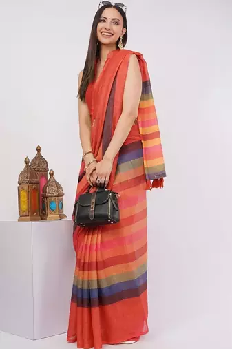Red pure linen striped saree with blouse