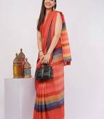Red pure linen striped saree with blouse