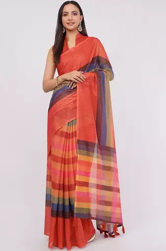 Red pure linen striped saree with blouse