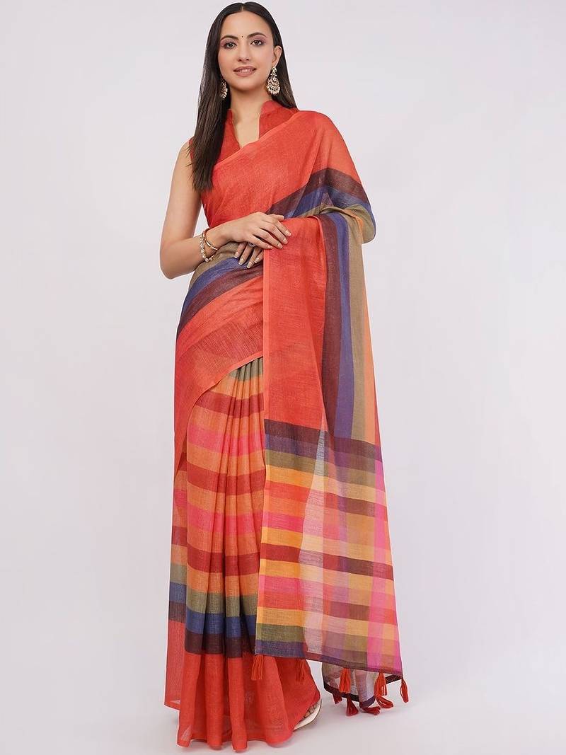 Red pure linen striped saree with blouse