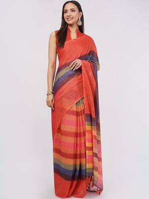Red pure linen striped saree with blouse 3
