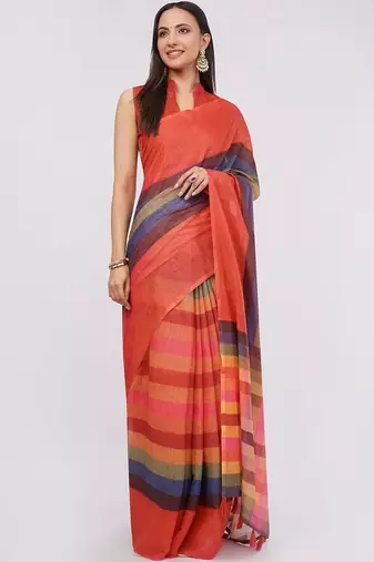 Red pure linen striped saree with blouse