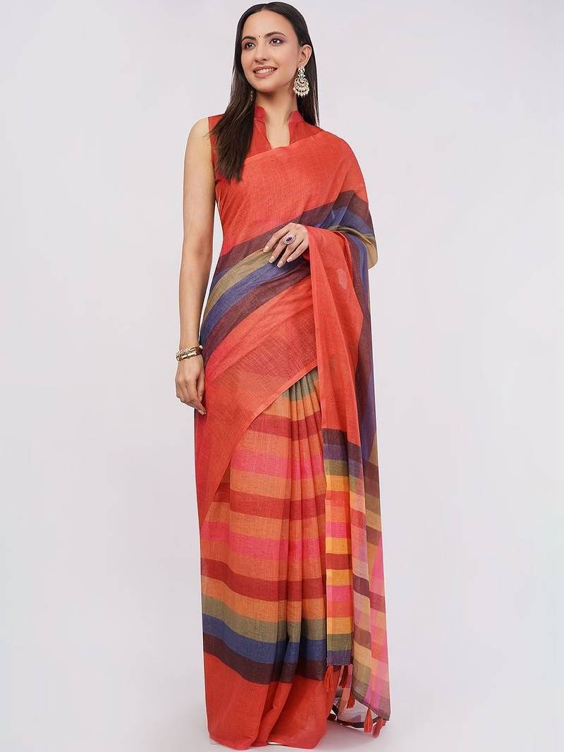 Red pure linen striped saree with blouse