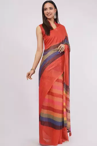 Red pure linen striped saree with blouse