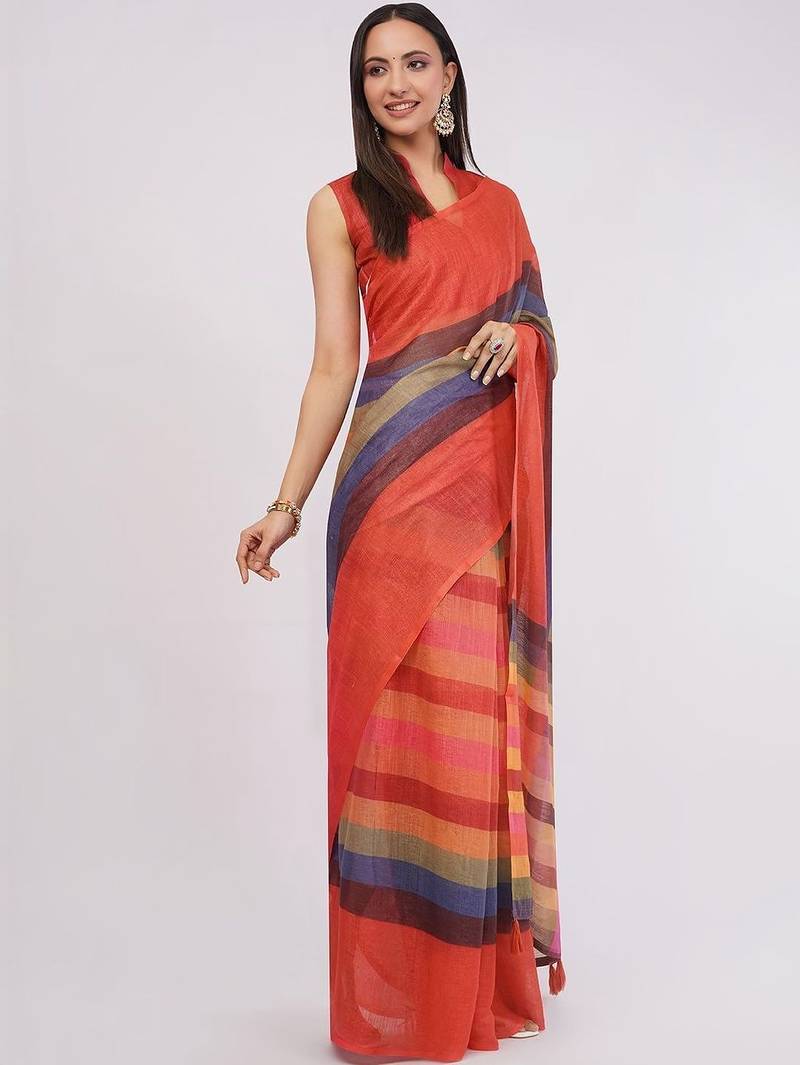 Red pure linen striped saree with blouse