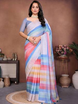 Multicolor pure linen striped saree with blouse 1