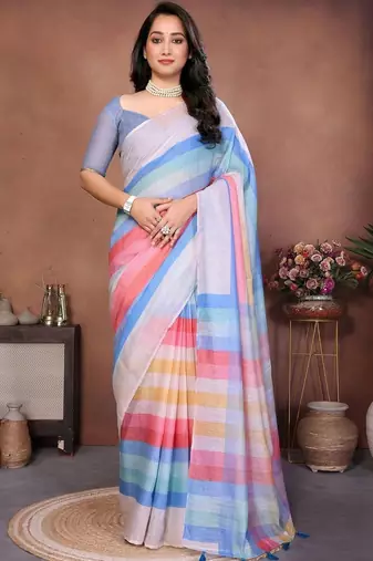 Multicolor pure linen striped saree with blouse