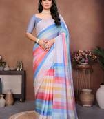 Multicolor pure linen striped saree with blouse