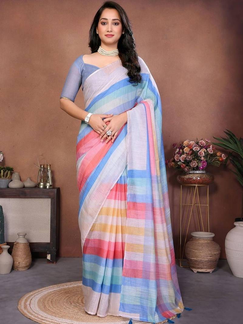 Multicolor pure linen striped saree with blouse