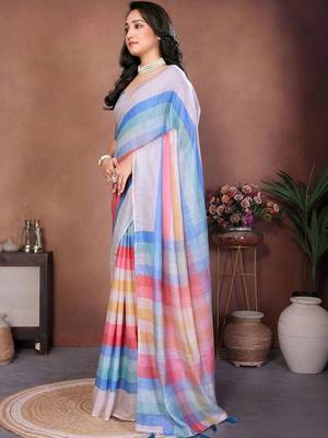 Multicolor pure linen striped saree with blouse 2