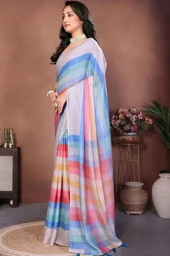 Multicolor pure linen striped saree with blouse