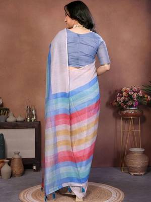 Multicolor pure linen striped saree with blouse 3