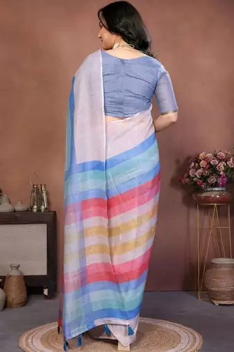 Multicolor pure linen striped saree with blouse