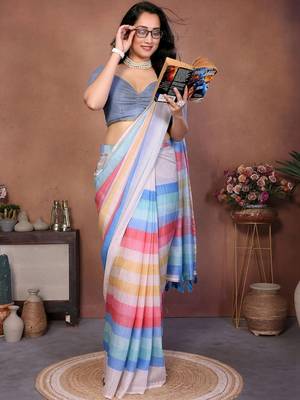 Multicolor pure linen striped saree with blouse 4