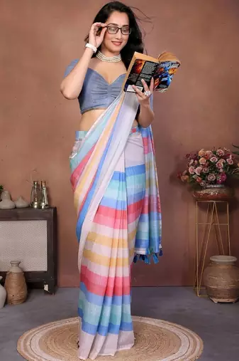 Multicolor pure linen striped saree with blouse