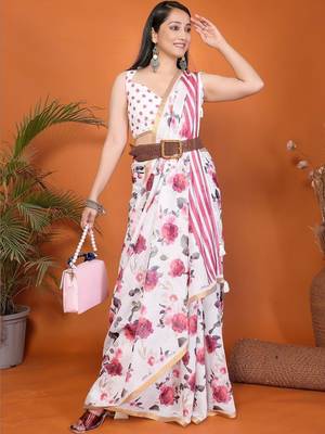 White pure linen printed saree with blouse 1