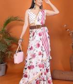 White pure linen printed saree with blouse