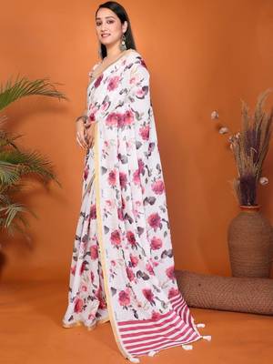 White pure linen printed saree with blouse 3