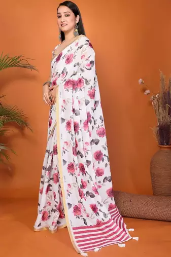 White pure linen printed saree with blouse