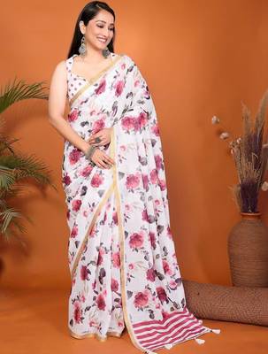 White pure linen printed saree with blouse 4