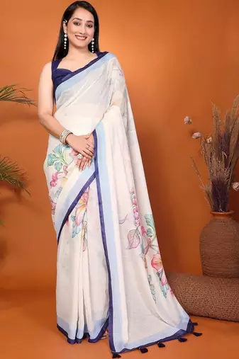 Off white pure linen printed saree with blouse