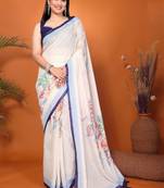 Off white pure linen printed saree with blouse