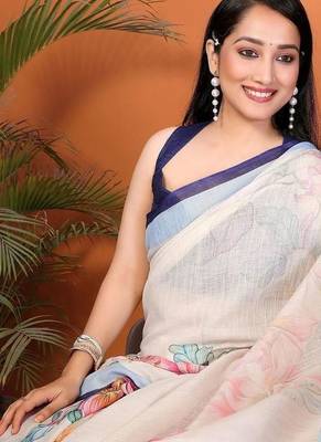 Off white pure linen printed saree with blouse 2