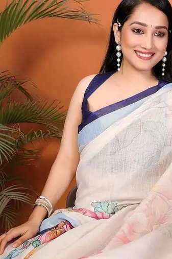 Off white pure linen printed saree with blouse