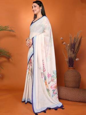 Off white pure linen printed saree with blouse 3