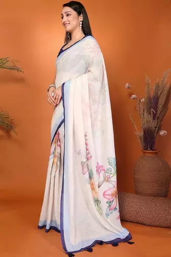 Off white pure linen printed saree with blouse