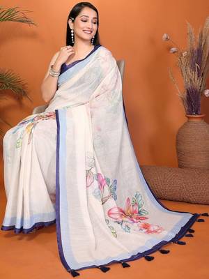 Off white pure linen printed saree with blouse 4