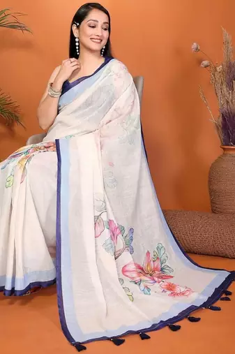 Off white pure linen printed saree with blouse