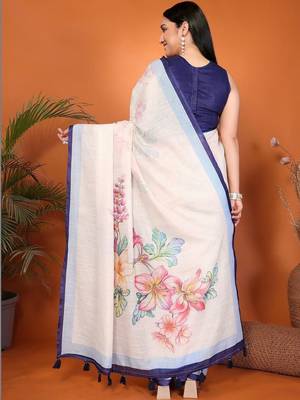 Off white pure linen printed saree with blouse 5