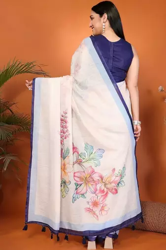 Off white pure linen printed saree with blouse