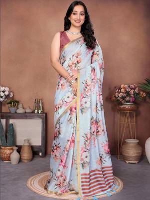 Blue pure linen printed saree with blouse 1