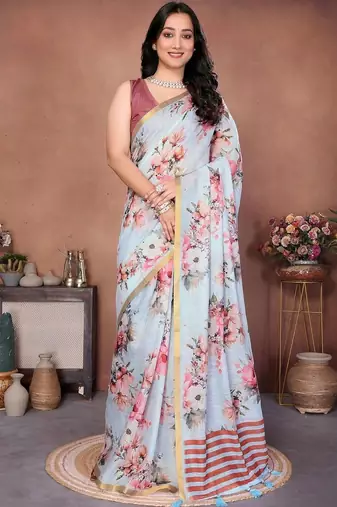 Blue pure linen printed saree with blouse