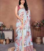 Blue pure linen printed saree with blouse