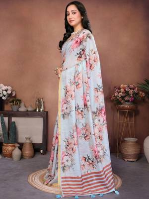 Blue pure linen printed saree with blouse 2