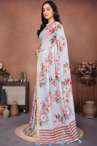 Blue pure linen printed saree with blouse