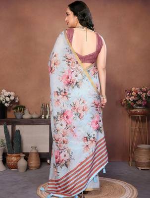 Blue pure linen printed saree with blouse 3