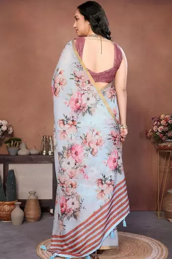 Blue pure linen printed saree with blouse