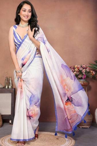 White pure linen printed saree with blouse