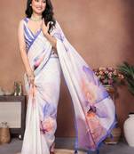 White pure linen printed saree with blouse