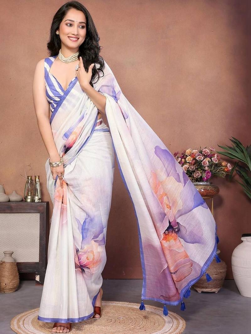 White pure linen printed saree with blouse