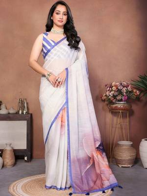 White pure linen printed saree with blouse 2