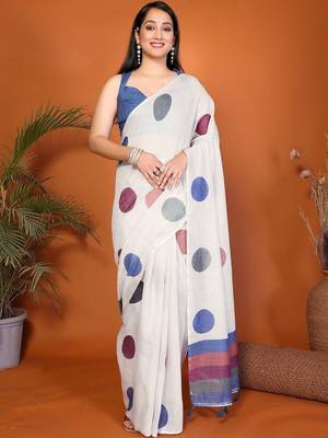 White pure linen printed saree with blouse 1