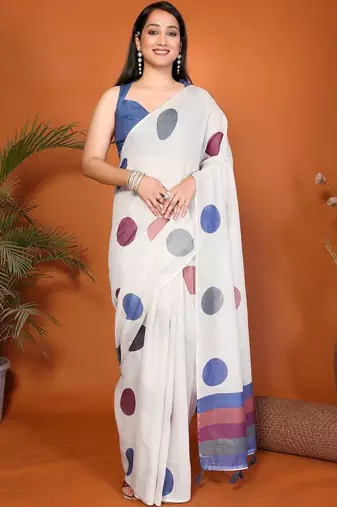 White pure linen printed saree with blouse