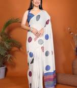 White pure linen printed saree with blouse