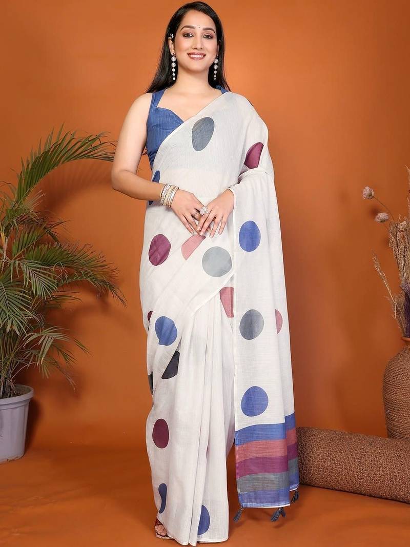 White pure linen printed saree with blouse