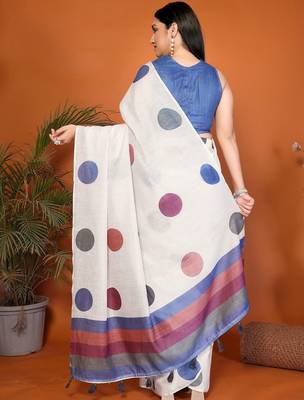 White pure linen printed saree with blouse 2